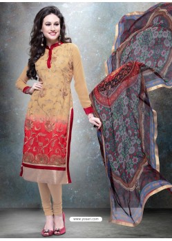 Cream And Red Georgette Churidar Suit