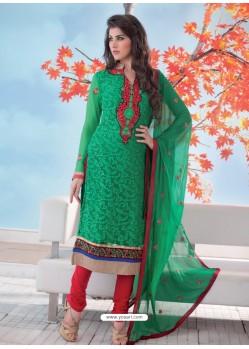 Green And Red Brasso Churidar Suit