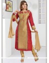 Beige And Red Art Silk Readymade Churidar Suit
