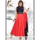 Fashionable Navy Blue And Red Embroidered Work Readymade Anarkali Salwar Suit