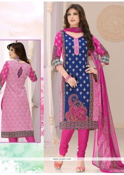 Perfervid Cotton Blue And Hot Pink Churidar Suit