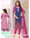 Perfervid Cotton Blue And Hot Pink Churidar Suit