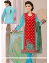 Eye-catchy Cotton Blue And Red Churidar Suit