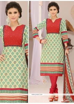 Epitome Digital Print Work Green And Red Cotton Churidar Suit