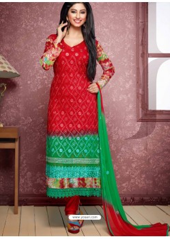Red And Green Pure Chiffon Churidar Suit