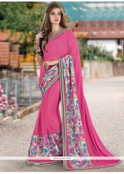 Nice Hot Pink Patch Border Work Faux Georgette Classic Saree