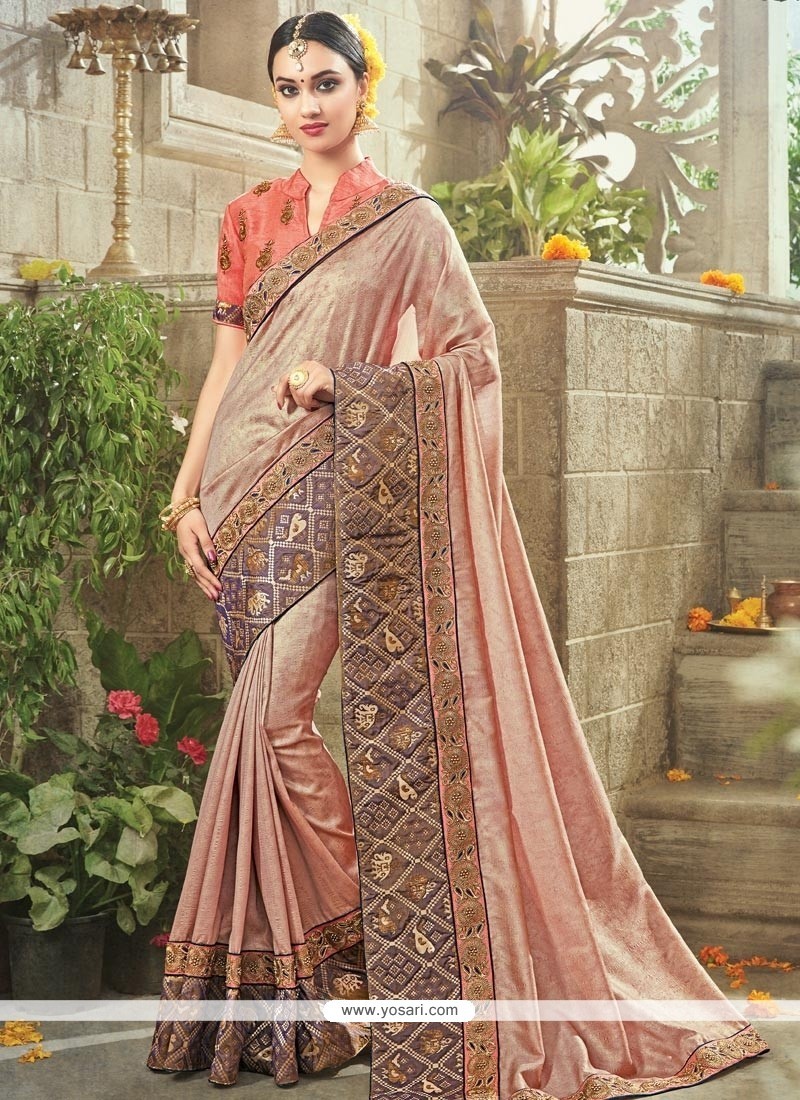 Floral Beige Resham Work Fancy Fabric Classic Designer Saree