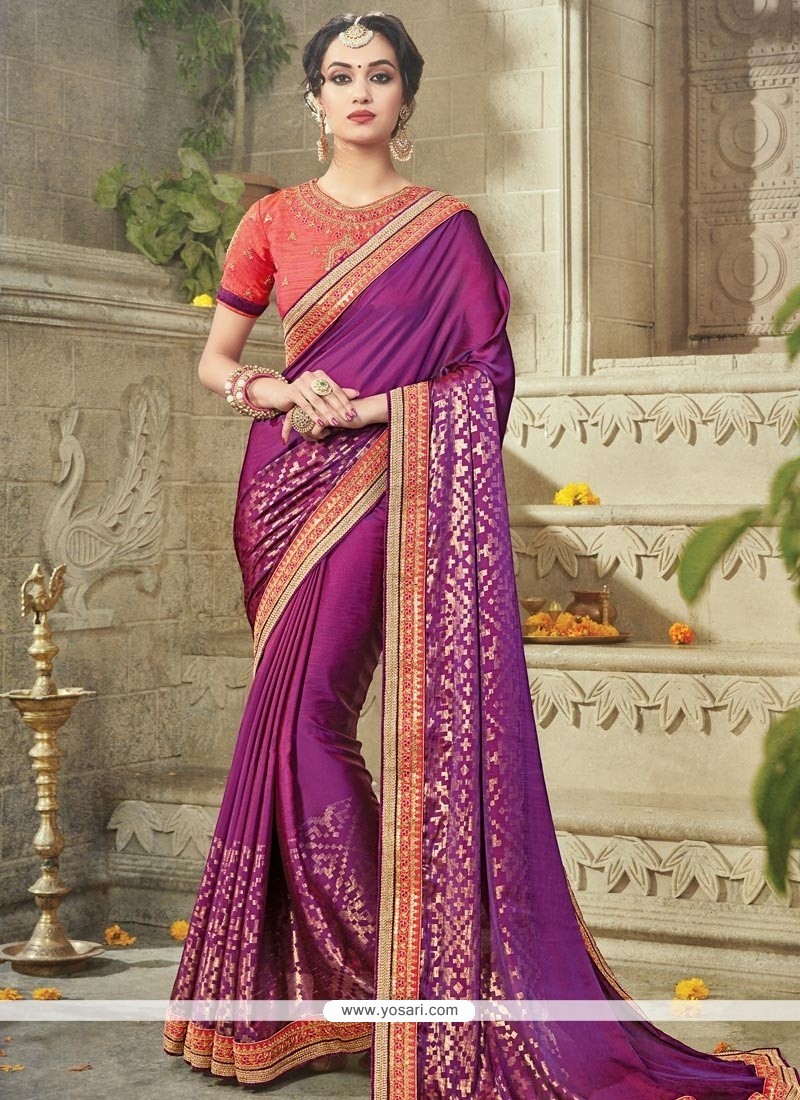 Impressive Purple Sequins Work Art Silk Designer Traditional Saree