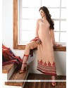 Dignified Embroidered Work Peach Faux Georgette Churidar Designer Suit