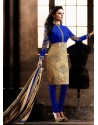 Blue And Golden color Bhagalpuri Silk Churidar Suit