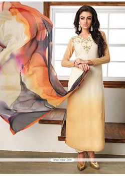 Lively Embroidered Work Faux Georgette Beige And Cream Churidar Designer Suit