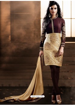 Brown And Golden color Bhagalpuri Silk Churidar Suit