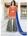 Grandiose Zari Work Grey And Orange Designer Pakistani Salwar Suit