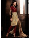 Maroon And Golden color Bhagalpuri Silk Churidar Suit