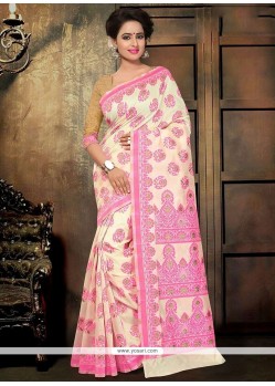 Thrilling Print Work Pink Cotton Printed Saree