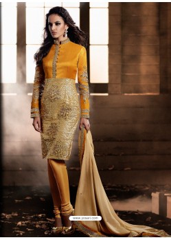 Yellow And Golden color Bhagalpuri Silk Churidar Suit