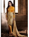 Yellow And Golden color Bhagalpuri Silk Churidar Suit