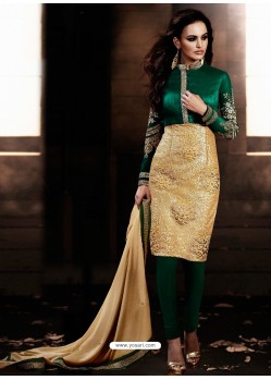 Green And Golden color Bhagalpuri Silk Churidar Suit