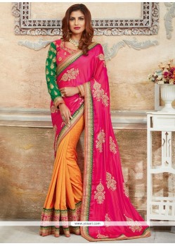 Patch Border Art Silk Designer Traditional Saree In Hot Pink And Off White