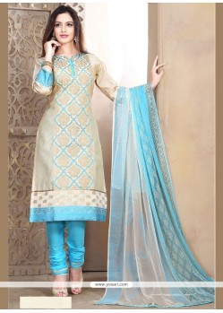 Catchy Beige And Blue Lace Work Churidar Designer Suit