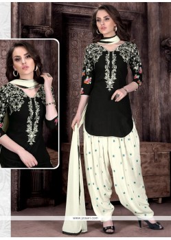 Tempting Embroidered Work Cotton Black And White Patiala Suit