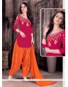 Latest Embroidered Work Magenta And Orange Patiala Suit
