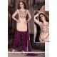 Staggering Embroidered Work Peach And Wine Cotton Patiala Suit