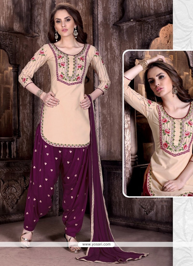 Buy Staggering Embroidered Work Peach And Wine Cotton Patiala Suit ...