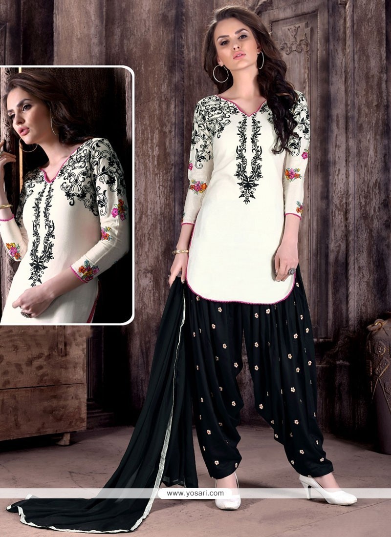 Buy Stunning Black And White Embroidered Work Cotton Patiala Suit ...
