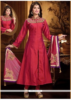 Praiseworthy Resham Work Art Silk Magenta Readymade Anarkali Salwar Suit