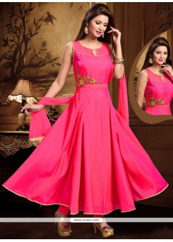 Swanky Hot Pink Lace Work Art Silk Readymade Anarkali Salwar Suit