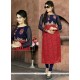 Strange Faux Georgette Navy Blue And Red Embroidered Work Party Wear Kurti
