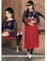 Strange Faux Georgette Navy Blue And Red Embroidered Work Party Wear Kurti