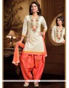 Engrossing Embroidered Work Peach And White Art Silk Readymade Suit