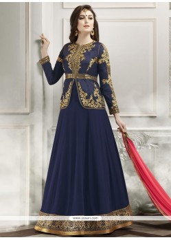 Wonderous Navy Blue Embroidered Work Designer Floor Length Suit