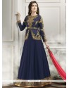 Wonderous Navy Blue Embroidered Work Designer Floor Length Suit