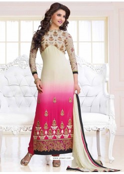 Off White And Pink Georgette Churidar Suit