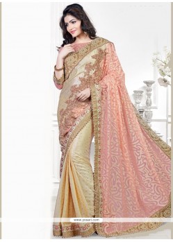 Capricious Embroidered Work Beige And Pink Designer Traditional Saree