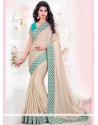 Dazzling Beige And Blue Embroidered Work Faux Georgette Designer Traditional Saree