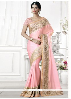 Sumptuous Faux Georgette Pink Embroidered Work Designer Traditional Saree