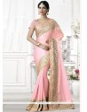 Sumptuous Faux Georgette Pink Embroidered Work Designer Traditional Saree