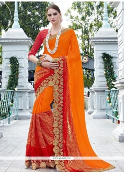 Especial Orange And Red Lace Work Classic Saree