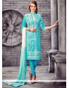 Embroidered Cotton Churidar Designer Suit In Turquoise
