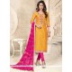 Enthralling Chanderi Cotton Hot Pink And Yellow Churidar Suit