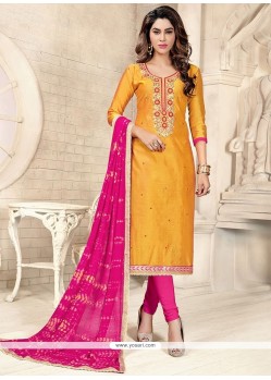Enthralling Chanderi Cotton Hot Pink And Yellow Churidar Suit