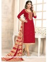 Impeccable Lace Work Chanderi Cotton Red Churidar Suit