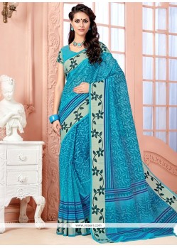 Sightly Cotton Blue Print Work Casual Saree