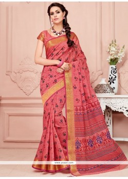 Rose Pink Print Work Cotton Casual Saree