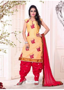 Mustard And Red Cotton Punjabi Patiala Suit