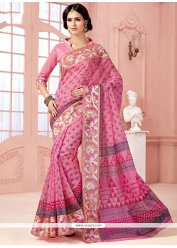 Delectable Pink Print Work Cotton Casual Saree